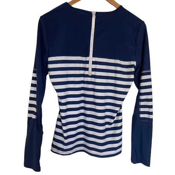 Cabana Life Rash Guard Swim Shirt Top Medium M Navy Blue White Striped UPF 50+ - Picture 2 of 5